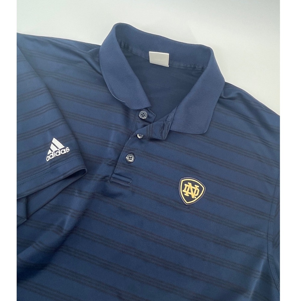Adidas Notre Dame Polo Mens Large Navy Blue Striped Short Sleeve Golf Shirt